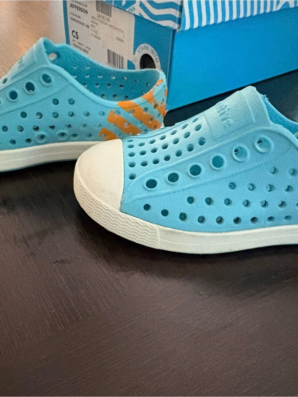 Native Shoes Jefferson Kids Slip-On in Aquamarine with Orange Accent